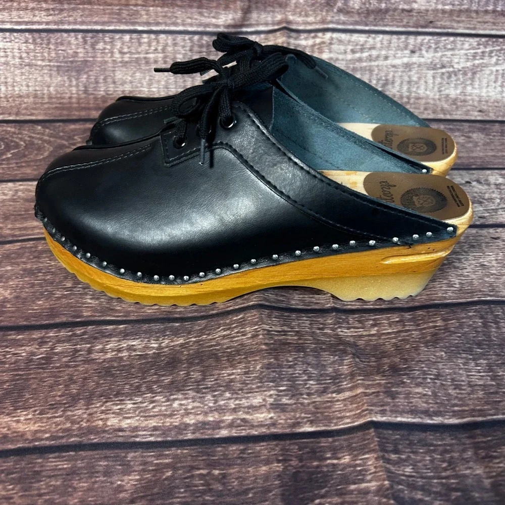 Troentorp of Sweden Audubon Black Leather Lace Up Wooden Clogs Mules Womens 38 - Picture 3 of 12